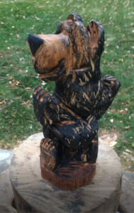 The first bear carved by Bob Ward in 2017 (Boblo Picasso Chainsaw Bear # 1)